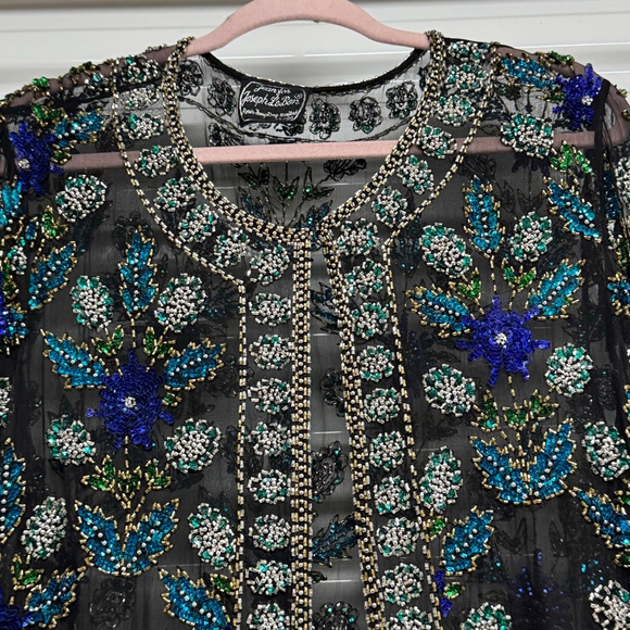 Jean For Joseph Le Bon Pure Silk Beaded Sequined Multicolor Floral Jacket Sz XL - Picture 3 of 9
